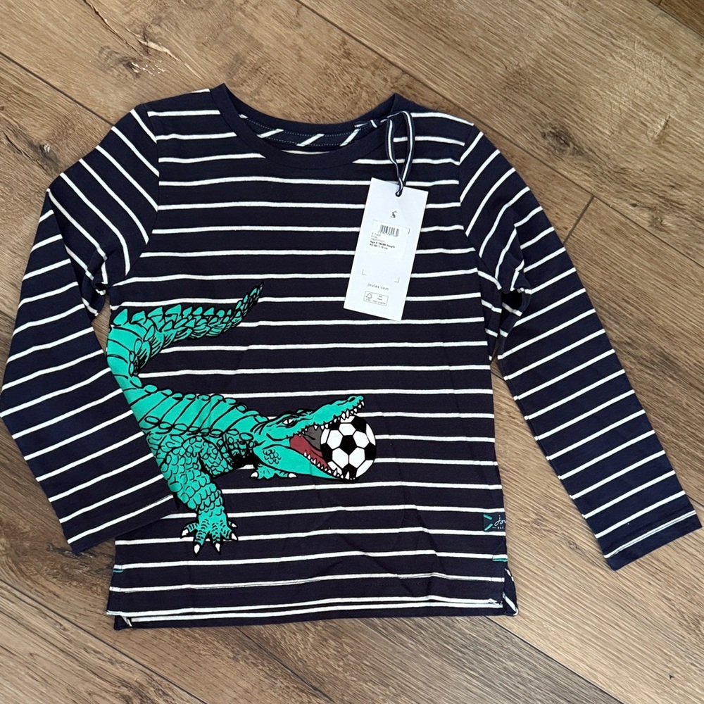 Joules Navy and White Striped Long Sleeve Tee with Crocodile Soccer Graphic
